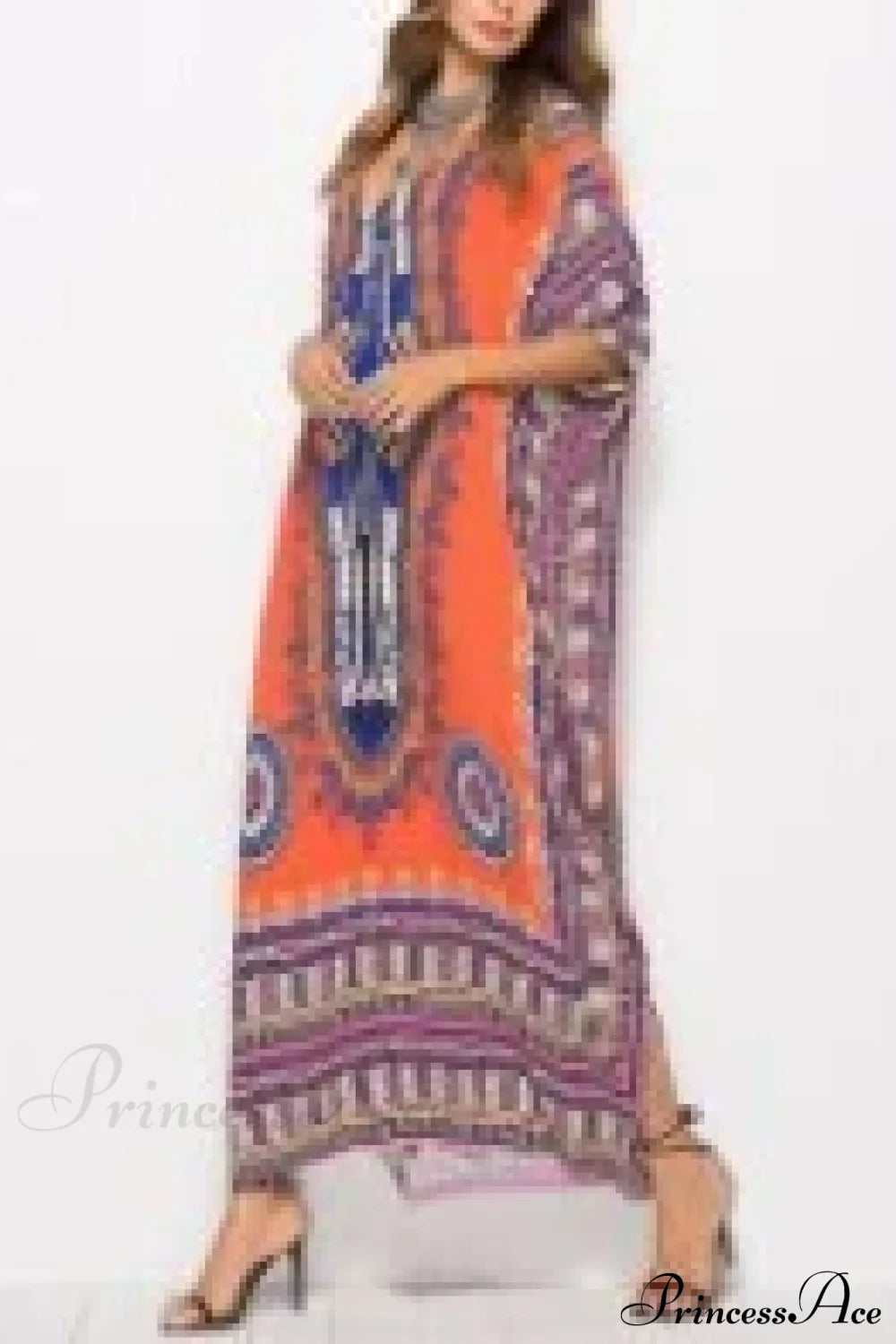 Maxi Kaftan Dress Rayon Ethnic Floral Print Beach Sundress Brown / One Size bohodress-250126