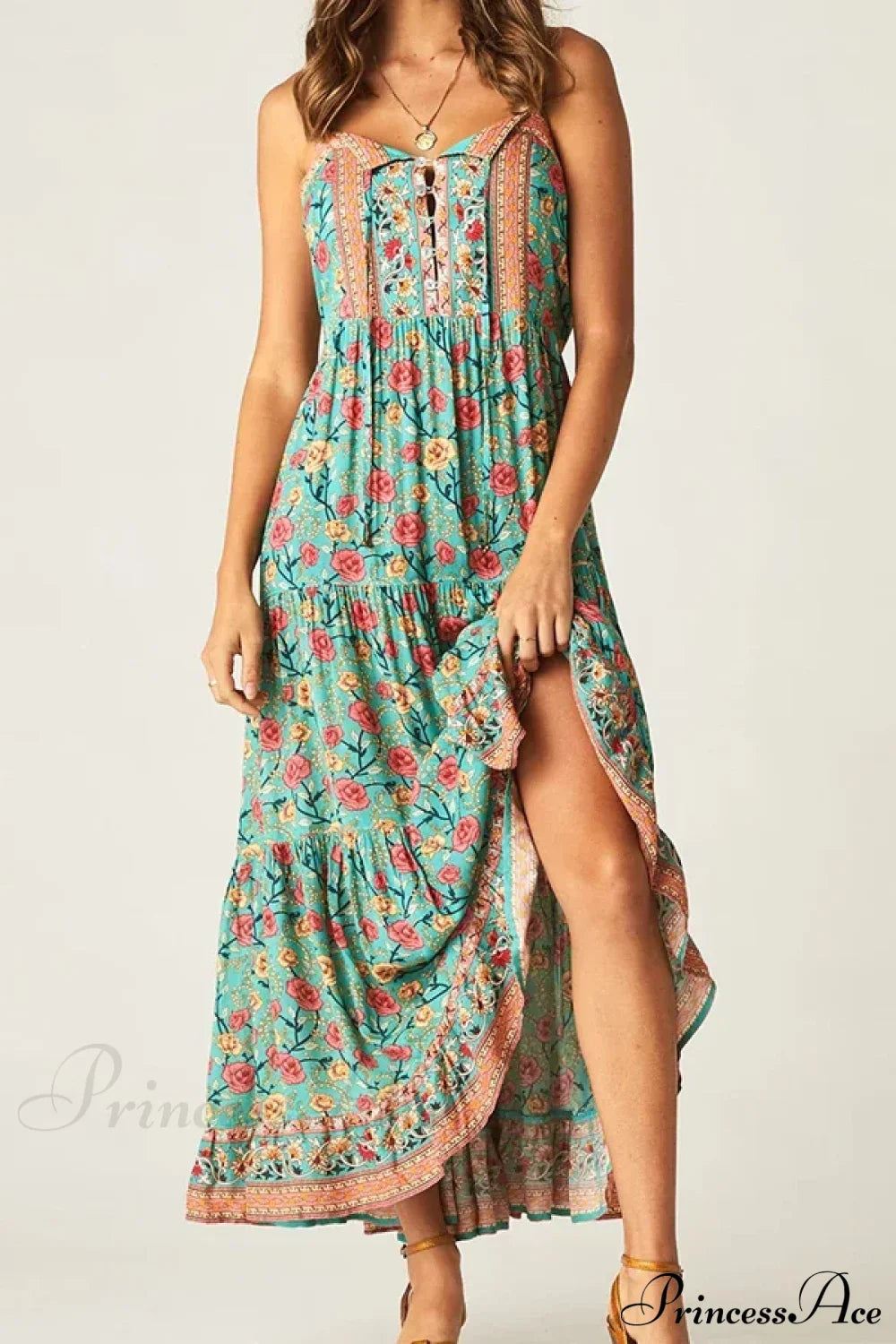 Maxi Strap Dress Green Rayon Floral Print Gypsy Summer Dress