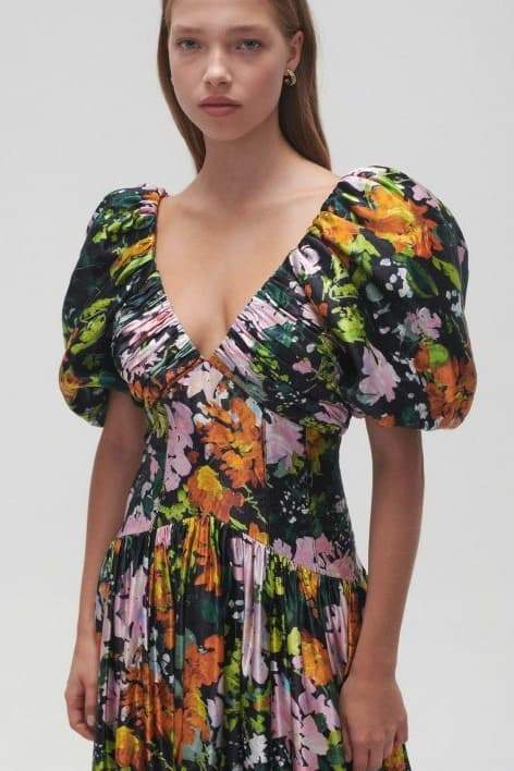 Satin Floral Print Deep V-Neck Puff Sleeve Ruched Midi Dress