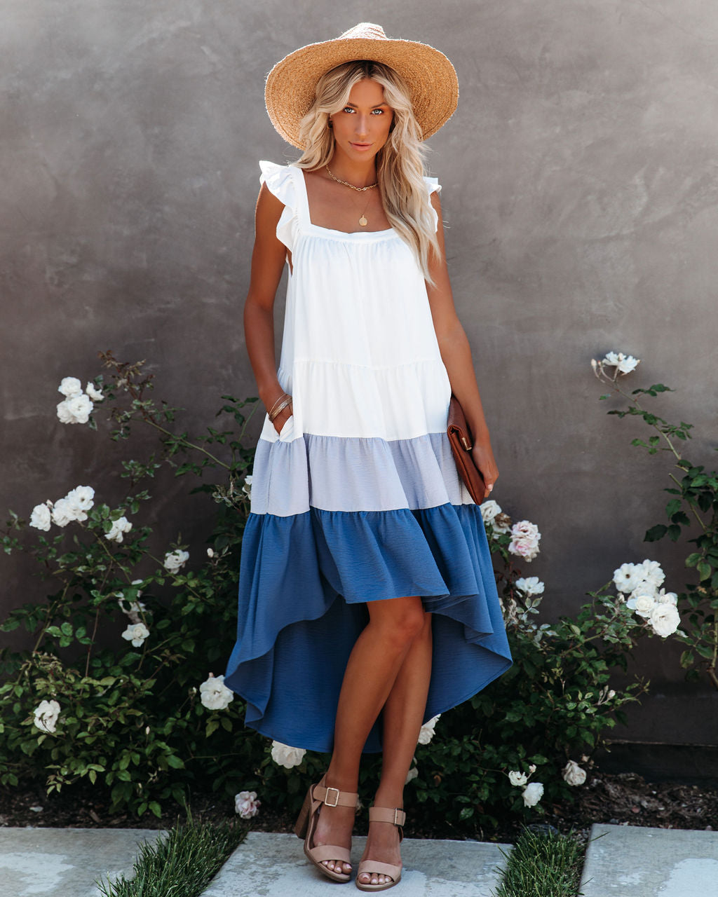 Square Neck Flutter Strap Tiered High-Low Dress