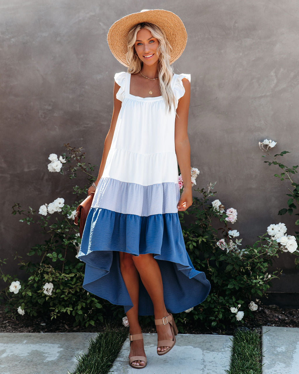 Square Neck Flutter Strap Tiered High-Low Dress