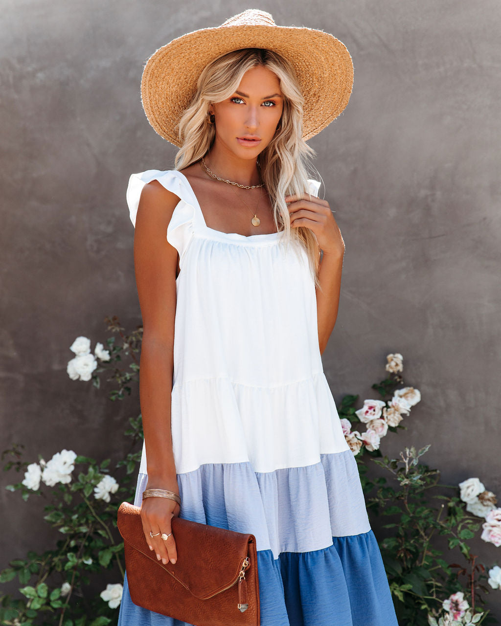 Square Neck Flutter Strap Tiered High-Low Dress