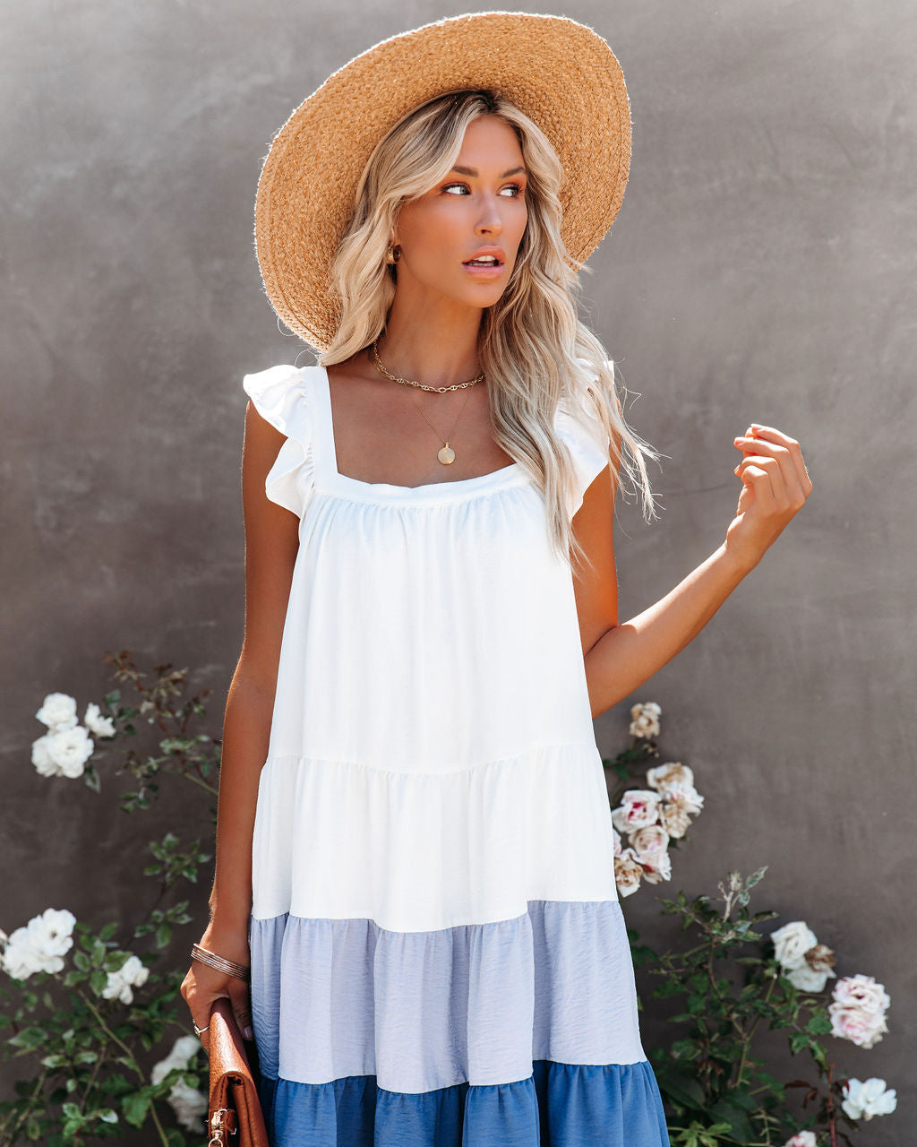 Square Neck Flutter Strap Tiered High-Low Dress