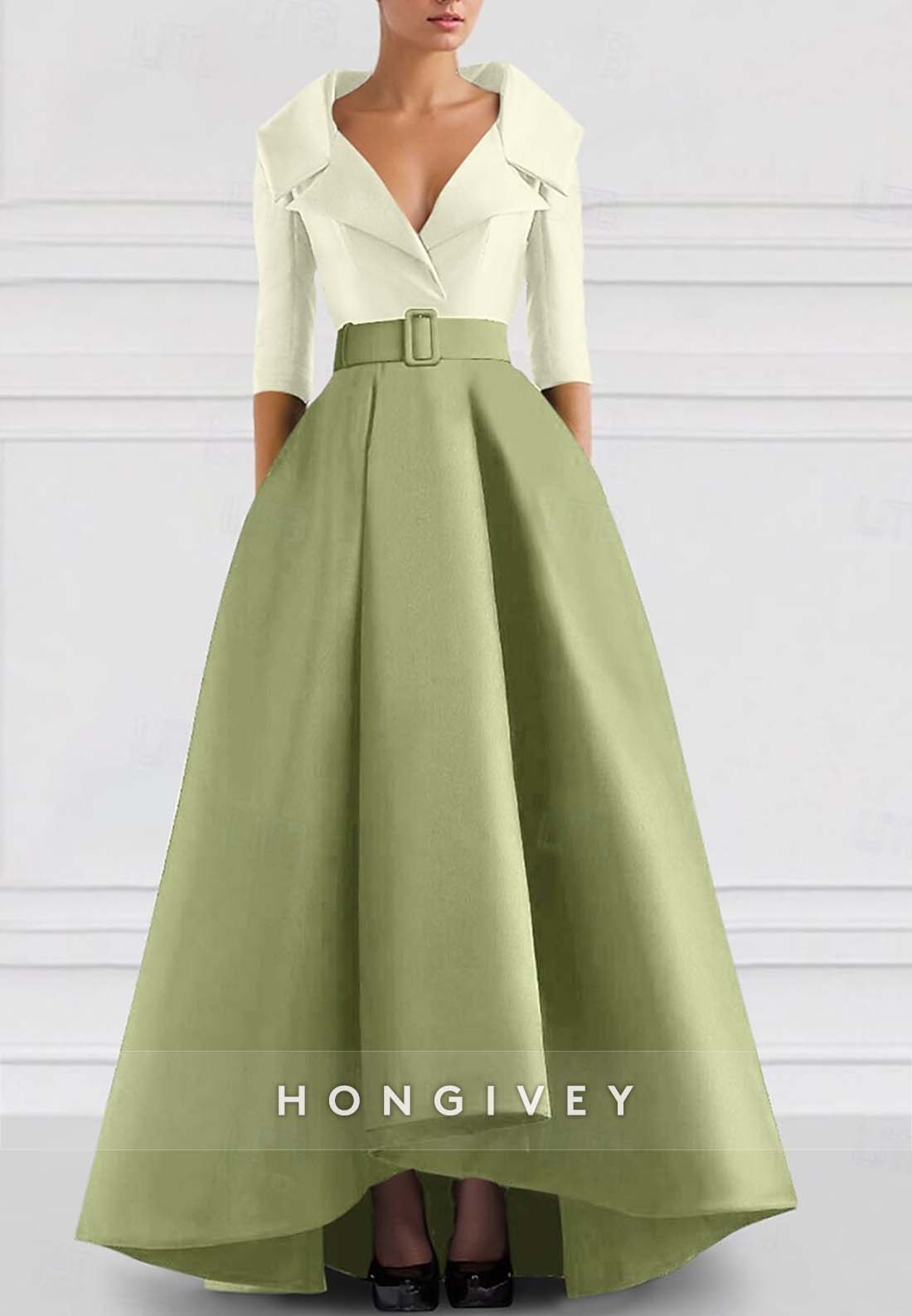 A-line Asymmetrical Evening Gown V Neck Half Sleeve Pockets Pleated Waistband Mother of the Bride