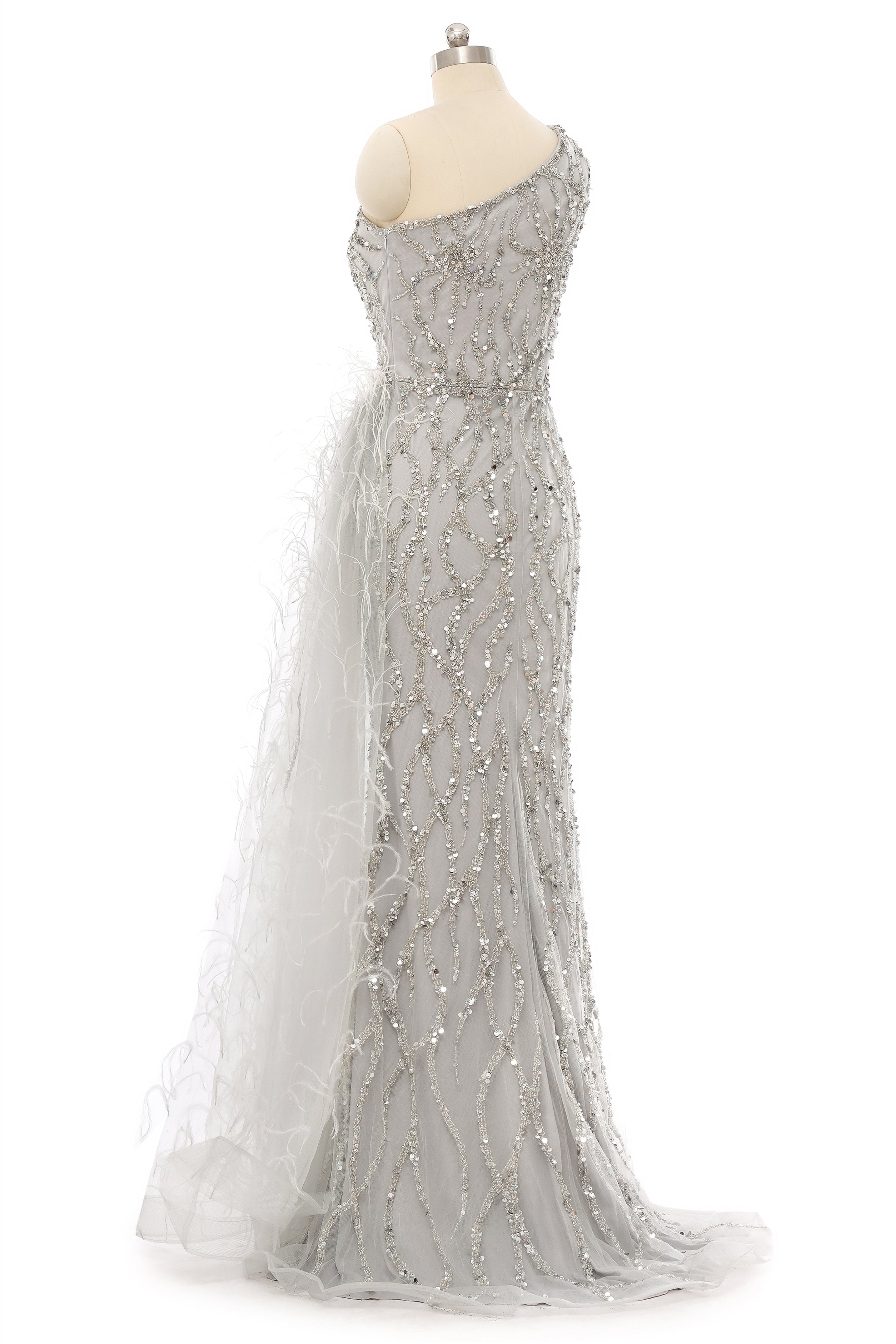 Mermaid Asymmetrical High Split Floor-length Sequined Prom Dress with Feather