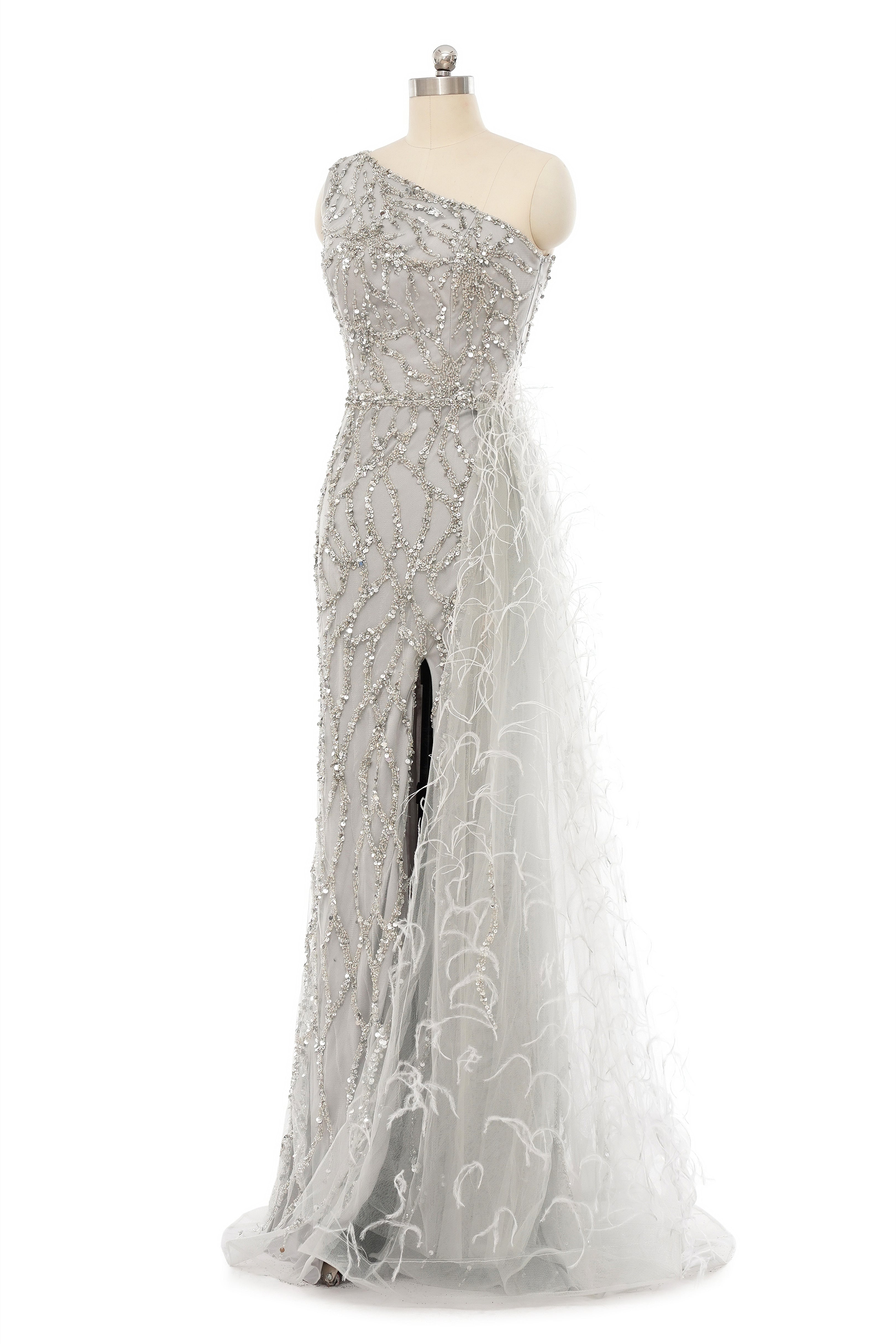 Mermaid Asymmetrical High Split Floor-length Sequined Prom Dress with Feather