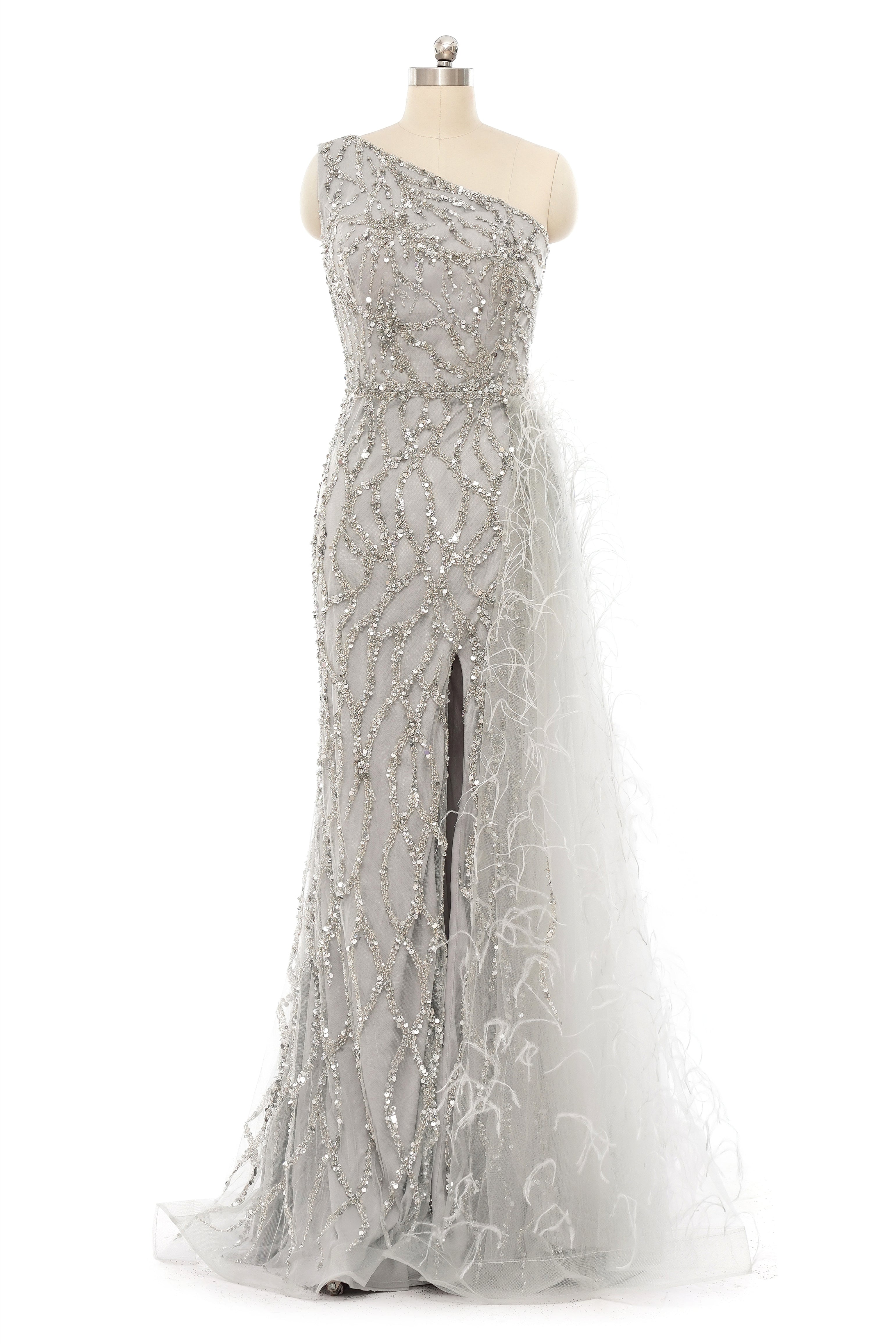 Mermaid Asymmetrical High Split Floor-length Sequined Prom Dress with Feather