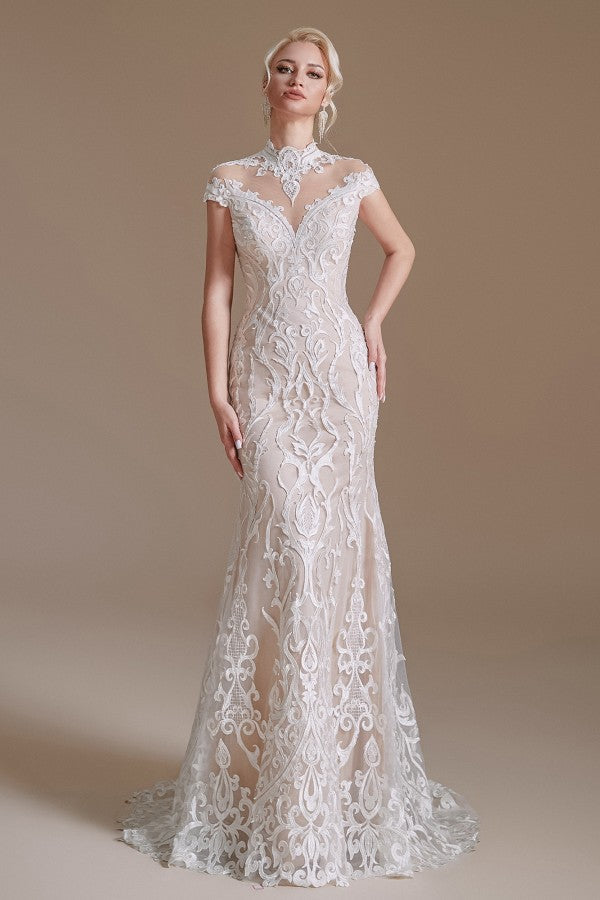Mermaid High Neck Wedding Dress Lace With Cap Sleeves - Fashionpara