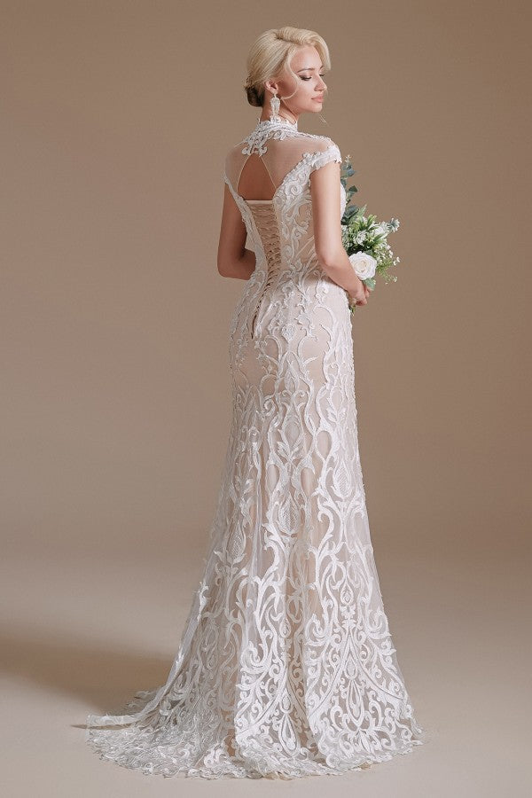 Mermaid High Neck Wedding Dress Lace With Cap Sleeves - Fashionpara