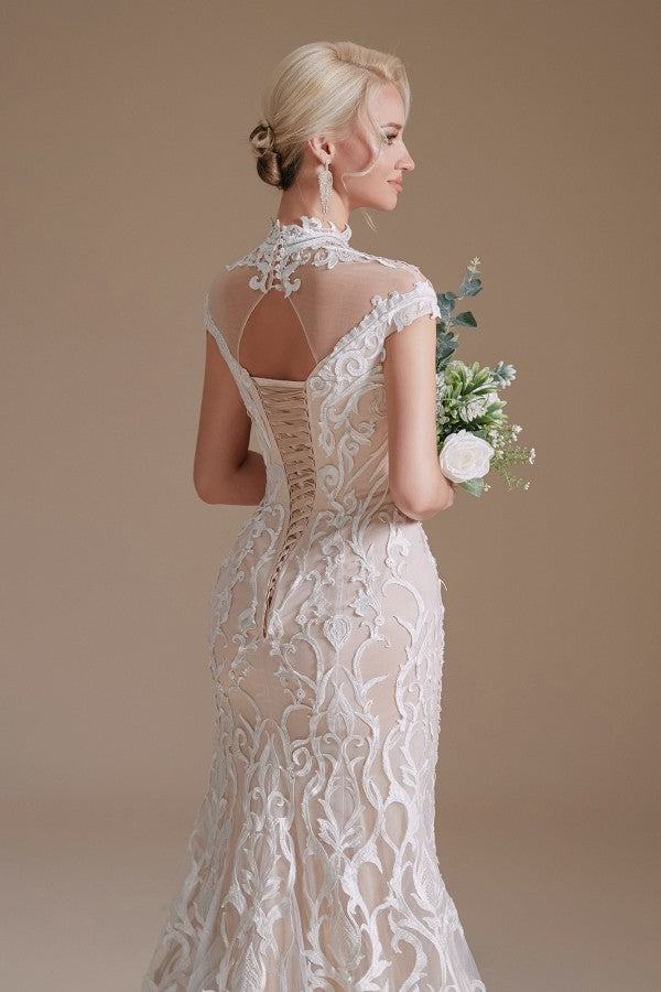 Mermaid High Neck Wedding Dress Lace With Cap Sleeves - Fashionpara