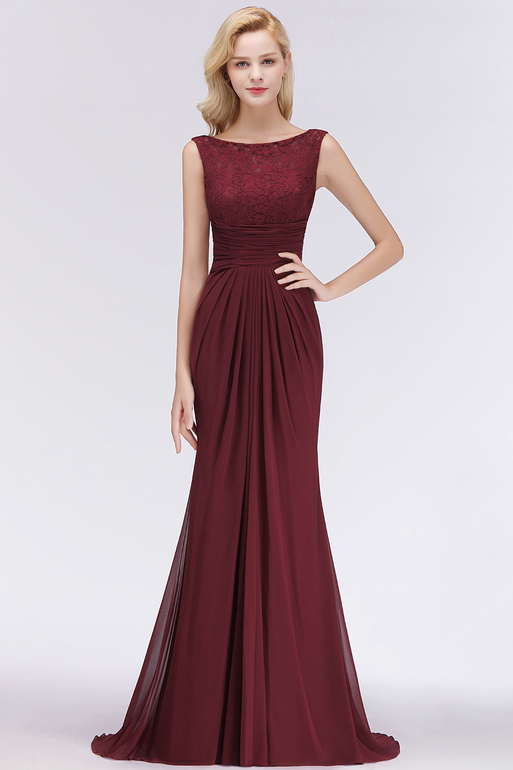 Mermaid Scoop Sleeveless Lace Burgundy Bridesmaid dresses with Pleats - Fashionpara
