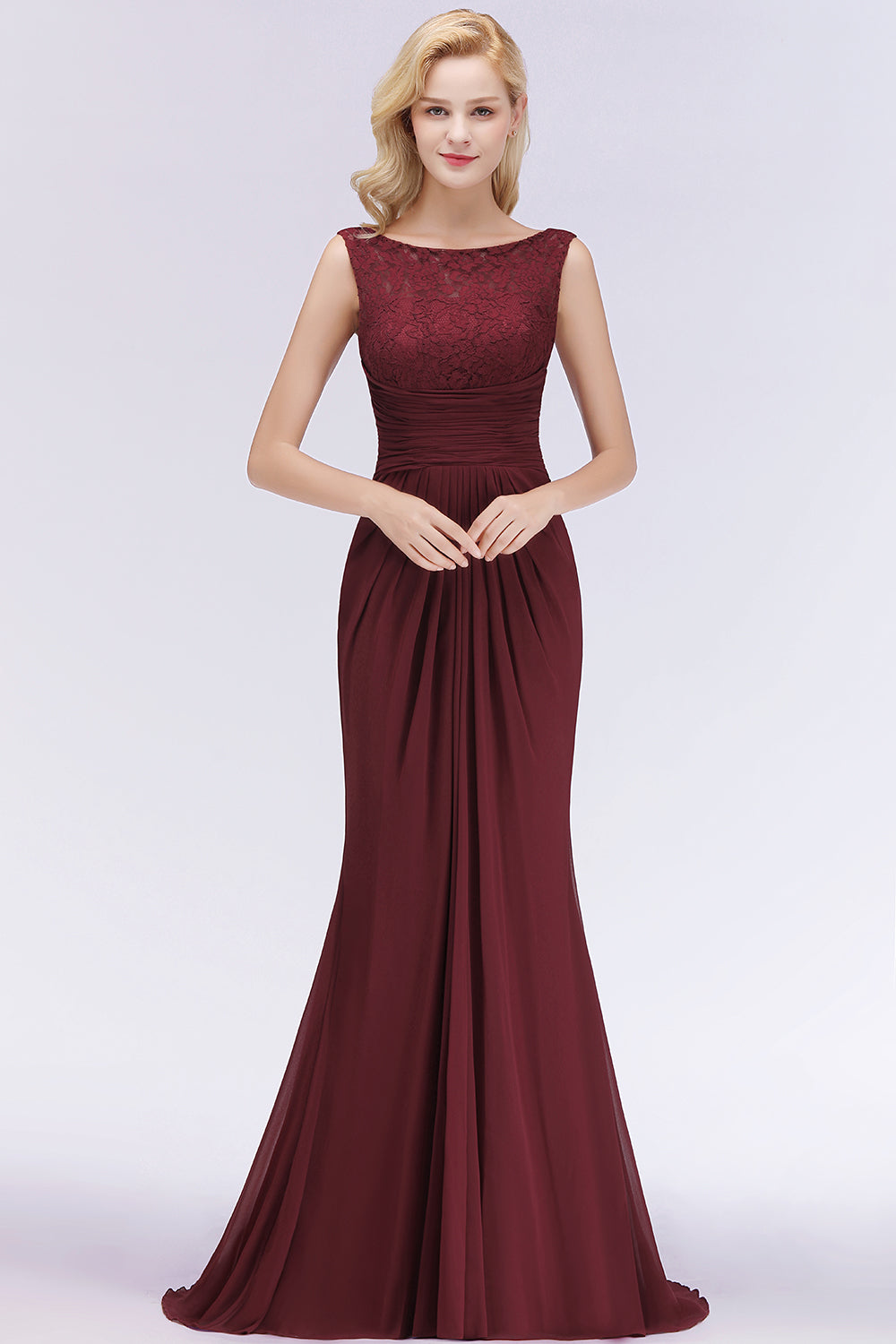 Mermaid Scoop Sleeveless Lace Burgundy Bridesmaid dresses with Pleats - Fashionpara
