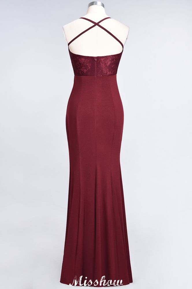 Mermaid spandex Lace Spaghetti-Straps Sleeveless Floor-Length Bridesmaid Dress