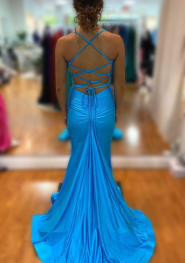 Mermaid V-Neck Sleeveless Sweep Train Jersey Prom Dress/Evening Dress with Pleated Trumpet - Fashionpara