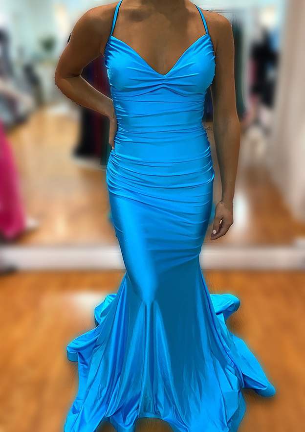 Mermaid V-Neck Sleeveless Sweep Train Jersey Prom Dress/Evening Dress with Pleated Trumpet - Fashionpara