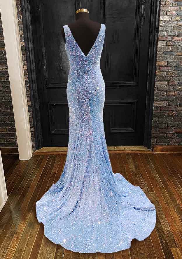 Mermaid V-Neck Sleeveless Velvet Sequins Prom Dress/Evening Dress with Sheath/Column Trumpet Sweep Train - Fashionpara