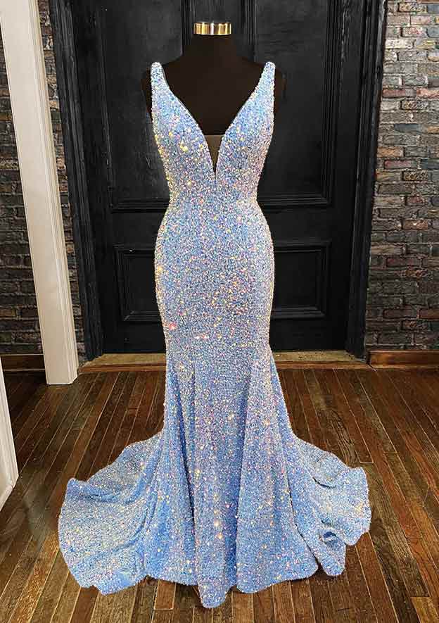 Mermaid V-Neck Sleeveless Velvet Sequins Prom Dress/Evening Dress with Sheath/Column Trumpet Sweep Train - Fashionpara