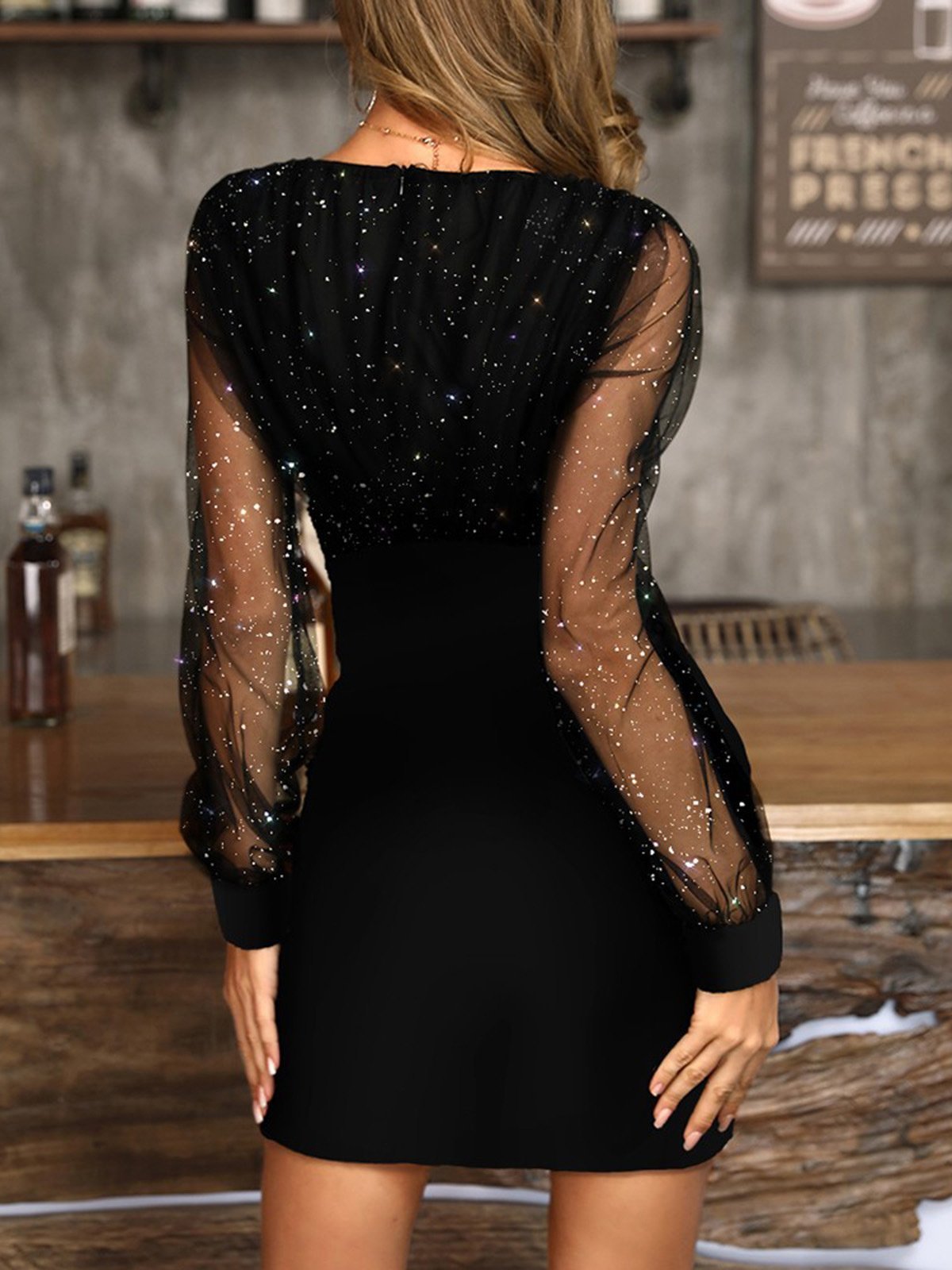 Mesh Glitter Deep V-Neck Wrap Sequin Bodycon Mini Party Dress - View 2