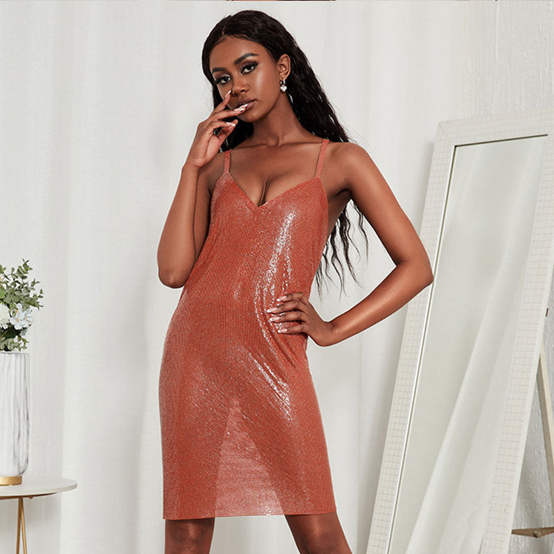 Chainmail V Neck Low Back Sleeveless Party Mini Dress - Brick Red