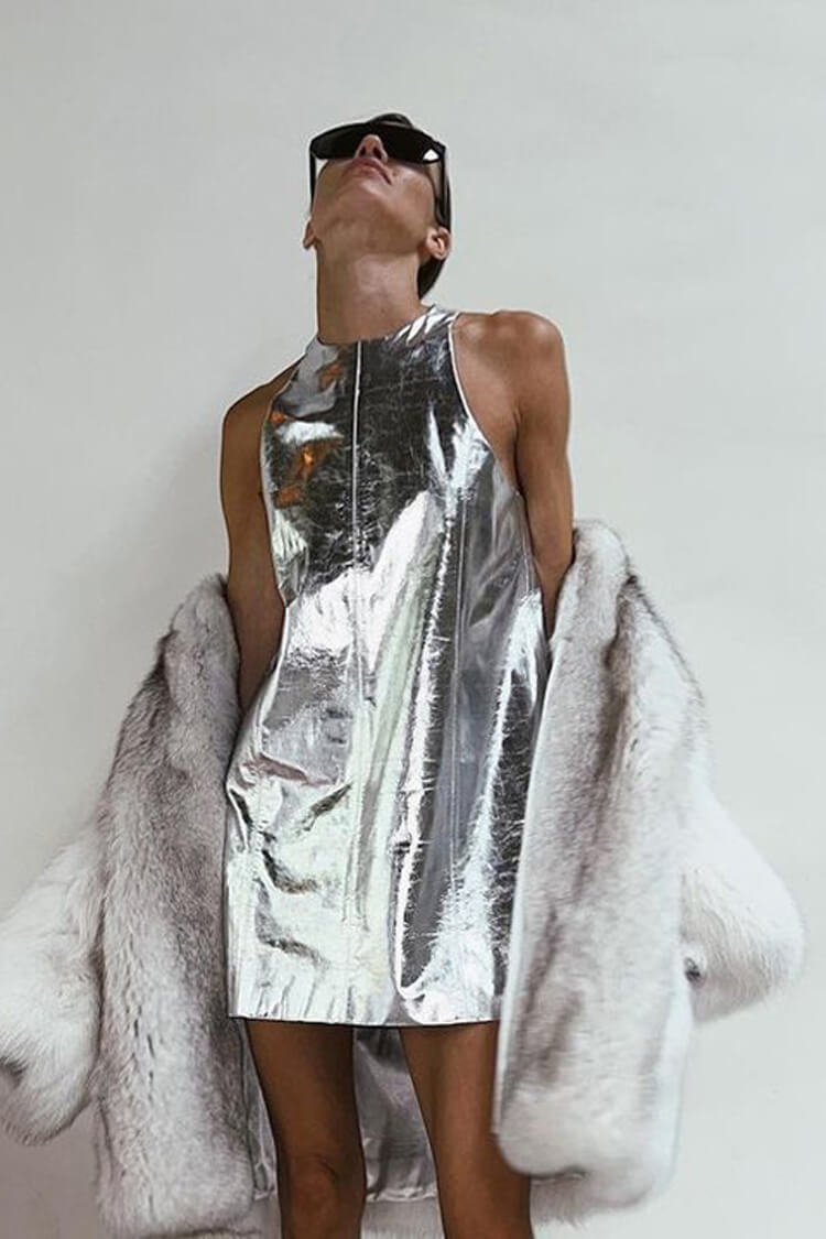 Metallic Crew Neck Sleeveless A Line Vegan Leather Party Mini Dress