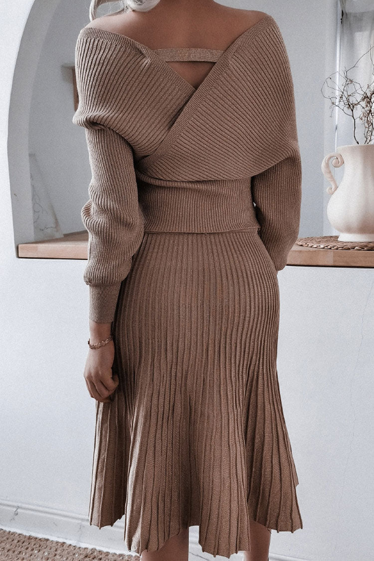 Metallic Lurex Rib Knit Off Shoulder Sweater Midi Dress - Coffee - View 3