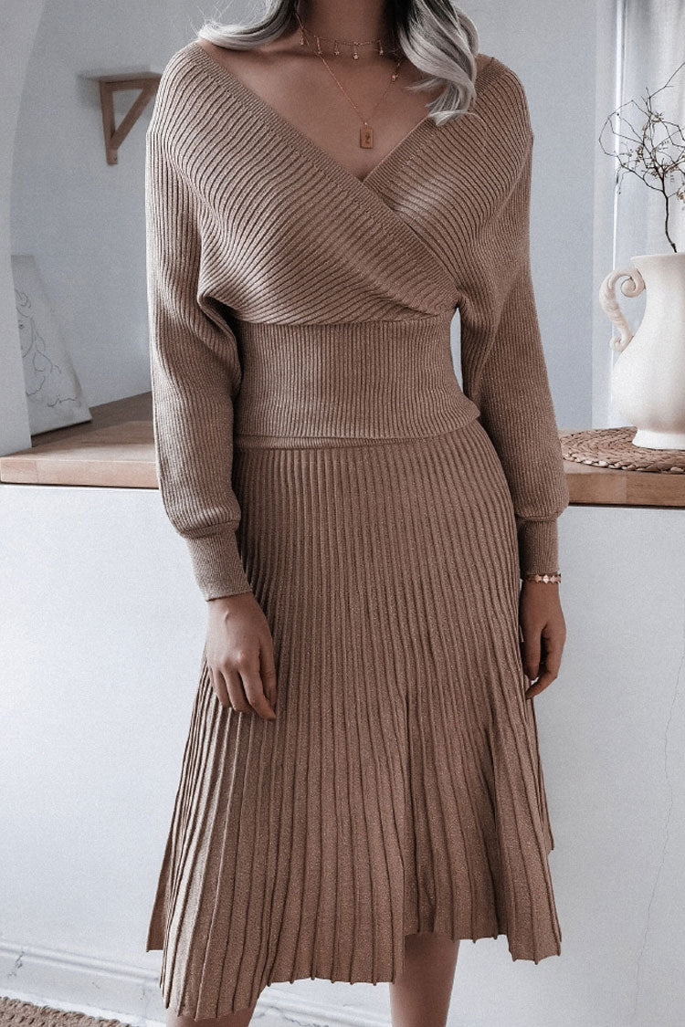 Metallic Lurex Rib Knit Off Shoulder Sweater Midi Dress - Coffee - View 2