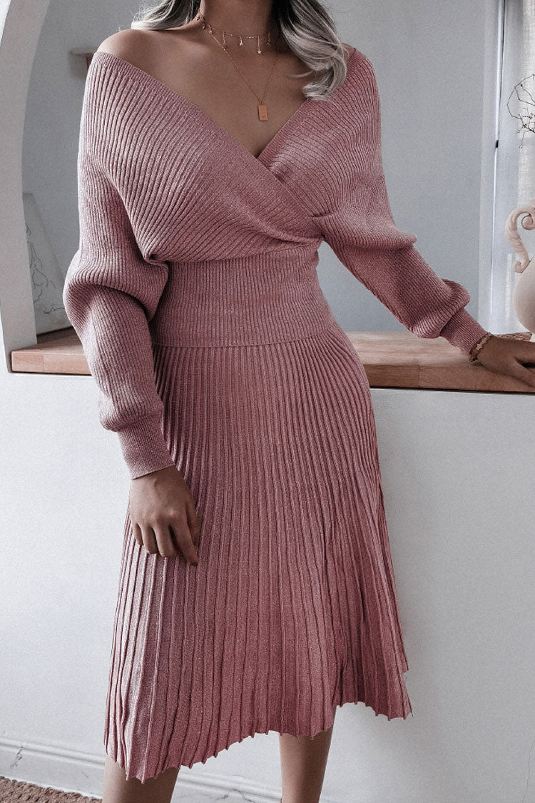 Dusty Pink Metallic Lurex Rib Knit Two Piece Midi Dress