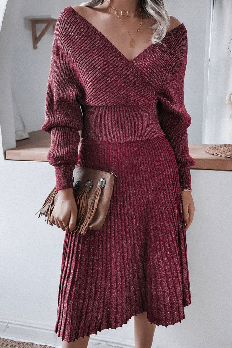 Metallic Lurex Rib Knit Off Shoulder Midi Dress - Burgundy - View 2