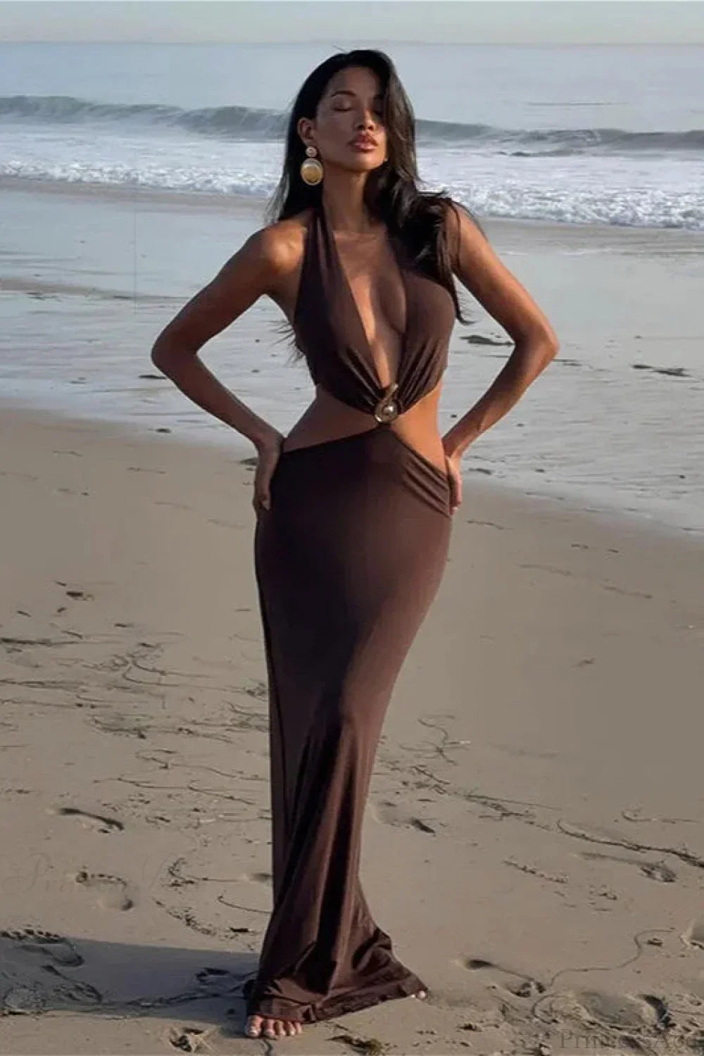 Halter Neck Plunge Cutout Backless Maxi Gown