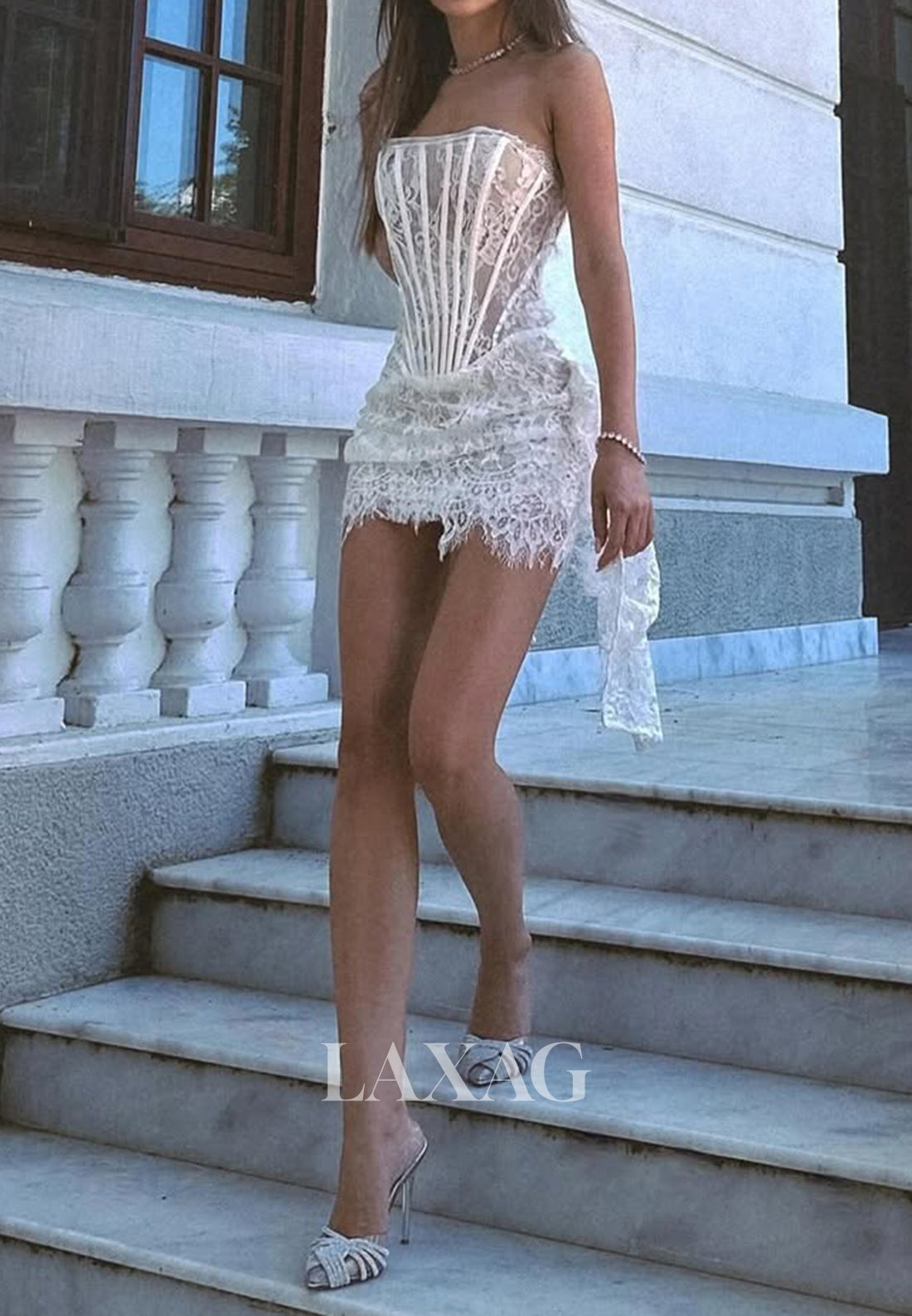 Tube Top Off-Shoulder Sleeveless Pleated Allover Lace Mermaid Party Homecoming Dress