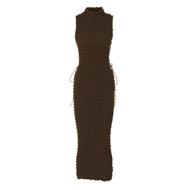 High neck lace up side solid waffle sleeveless midi dress - View 8