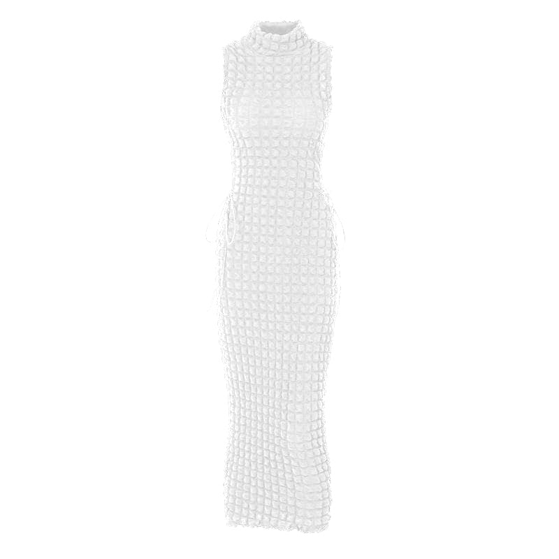 High neck lace up side solid waffle sleeveless midi dress - View 9