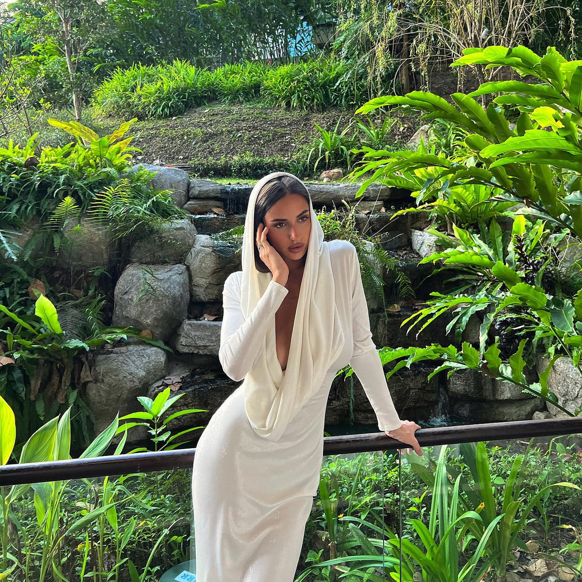 Hooded Long-Sleeve Draped Ruched Column Maxi Dress 12