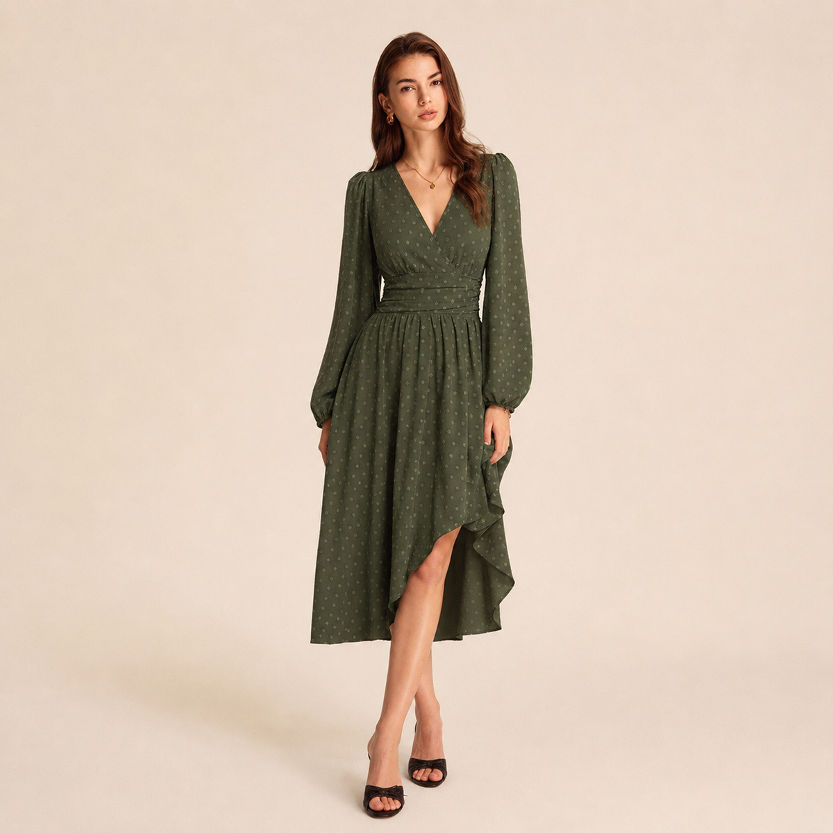 Polka Dot V-Neck Long Sleeve High Low Midi Dress 10
