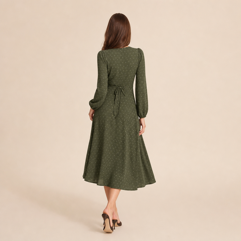 Polka Dot V-Neck Long Sleeve High Low Midi Dress 12