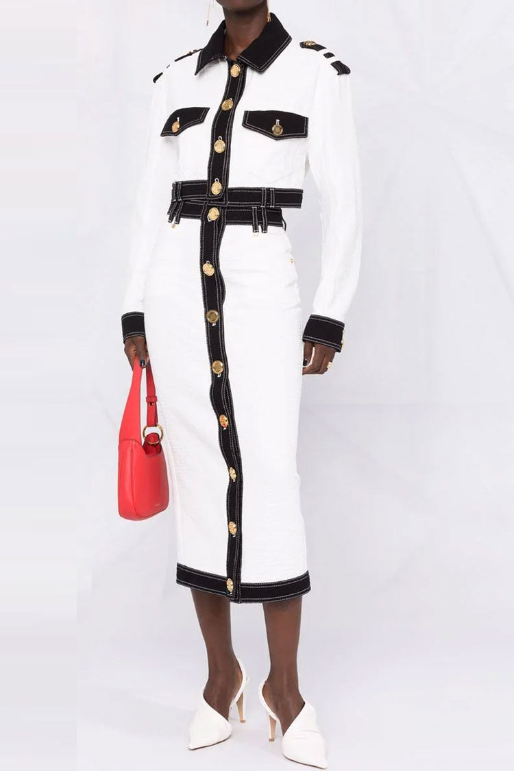 Military Metal Button Contrast Denim Jacket Midi Skirt Two Piece Dress - White - Fashionpara