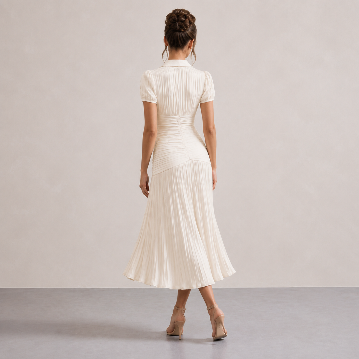 Striped Collared Puff Sleeve Pleated Fishtail Midi Dress 9