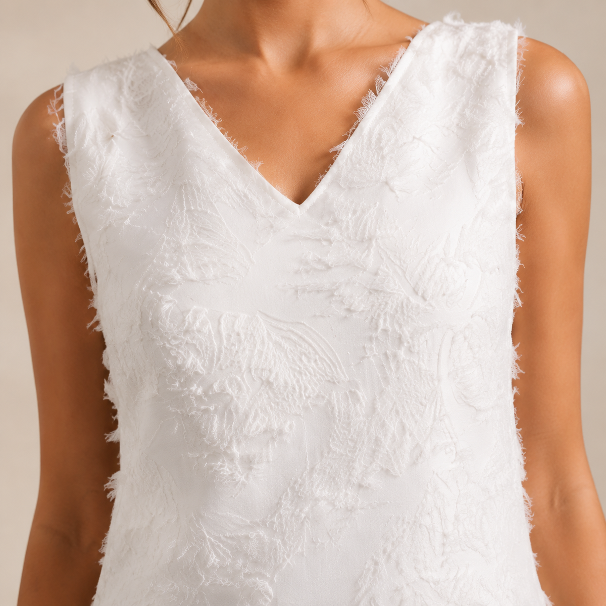 V-Neck Sleeveless Textured Fringe Shift Midi Dress 10