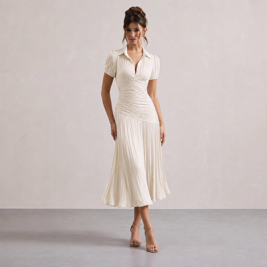 Striped Collared Puff Sleeve Pleated Fishtail Midi Dress 7
