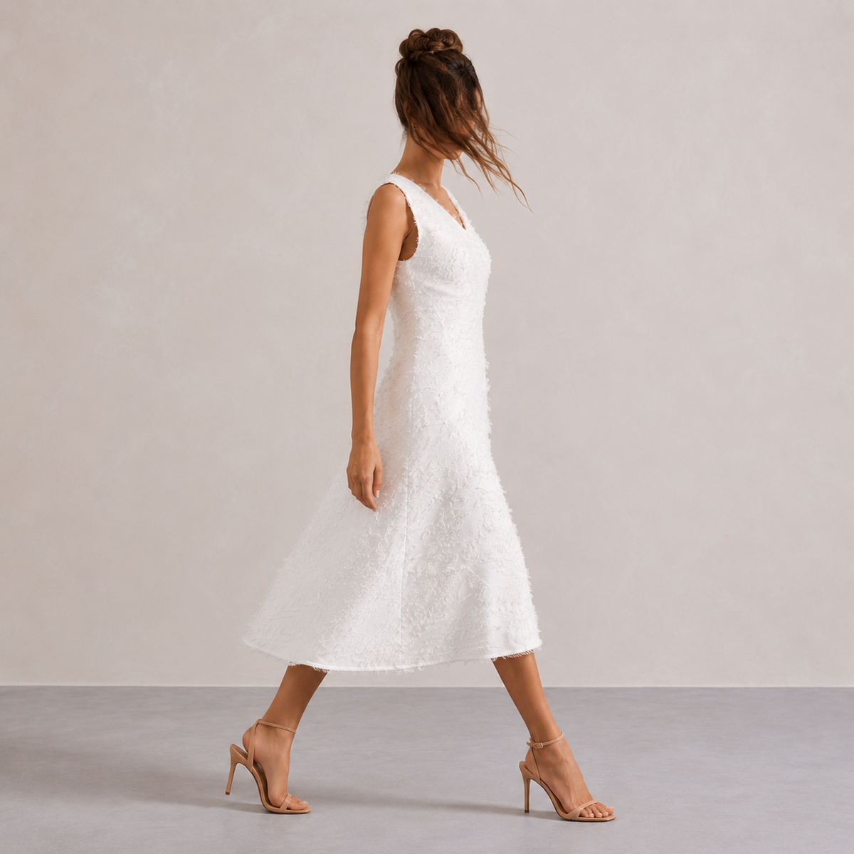 V-Neck Sleeveless Textured Fringe Shift Midi Dress 12