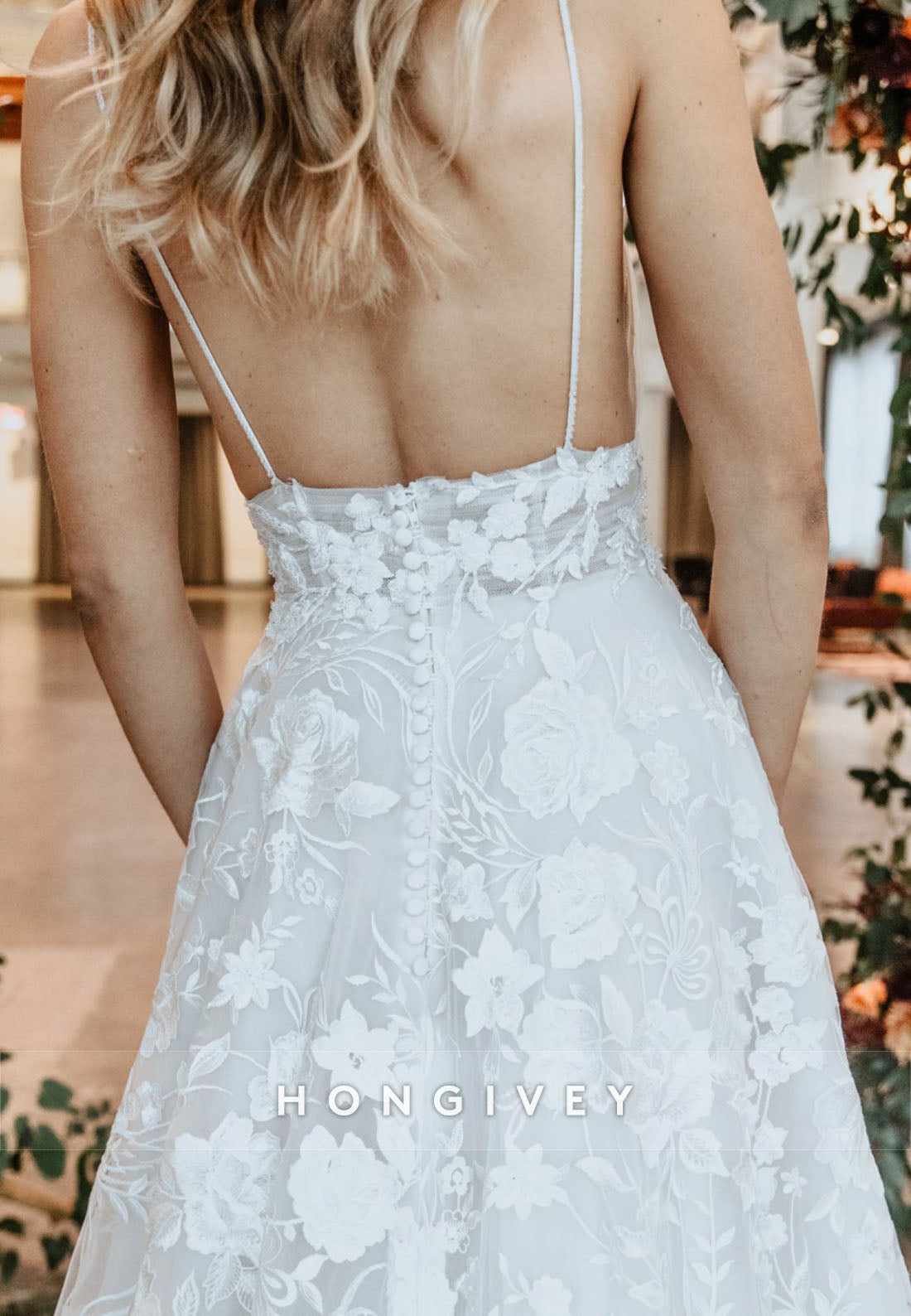 Spaghetti Straps Court Train Open Back Low V-Neck A-Line Wedding Dresses