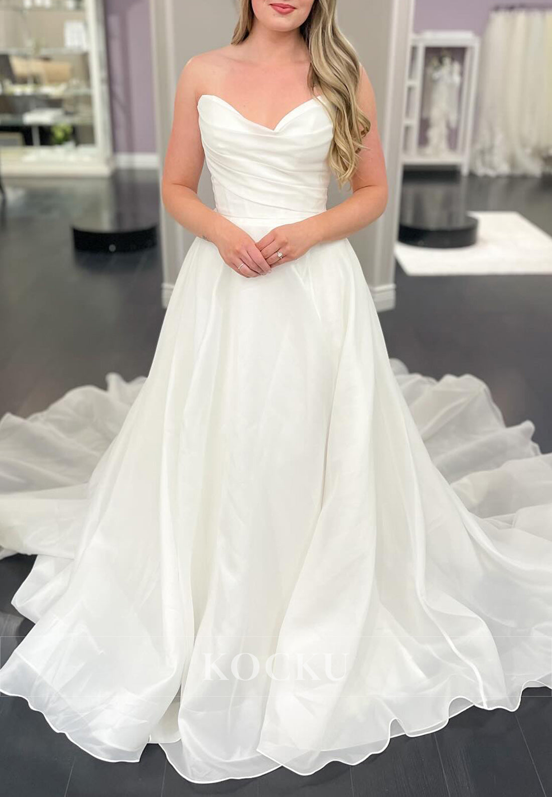 Strapless Organza Ball Gown Wedding Dress with Button Train