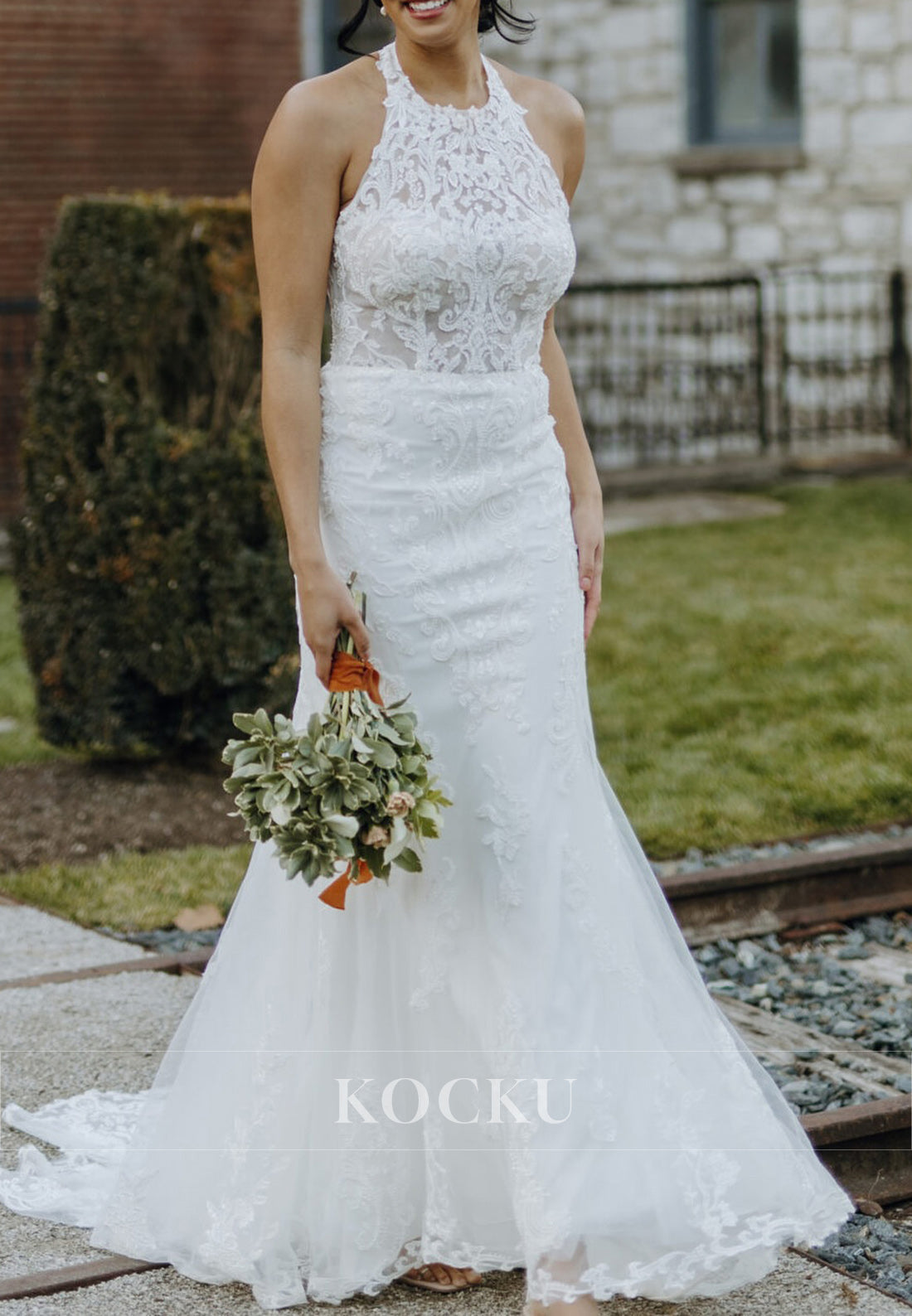 Halter Neck Mermaid Lace Wedding Dress with Sheer Bodice and Tulle Train