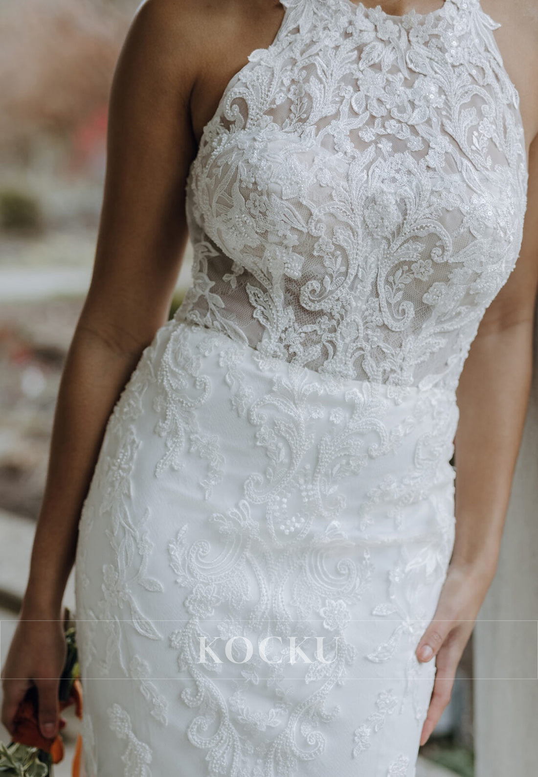 Halter Neck Mermaid Lace Wedding Dress with Sheer Bodice and Tulle Train