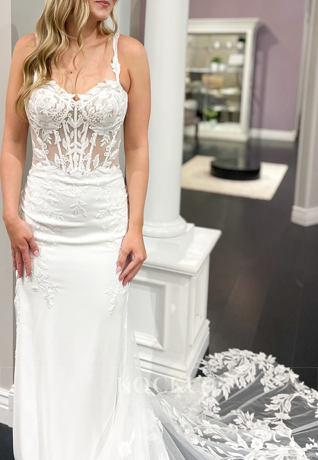 Spaghetti Strap Wedding Dress with Sheer Embroidered Bodice and Tulle Train