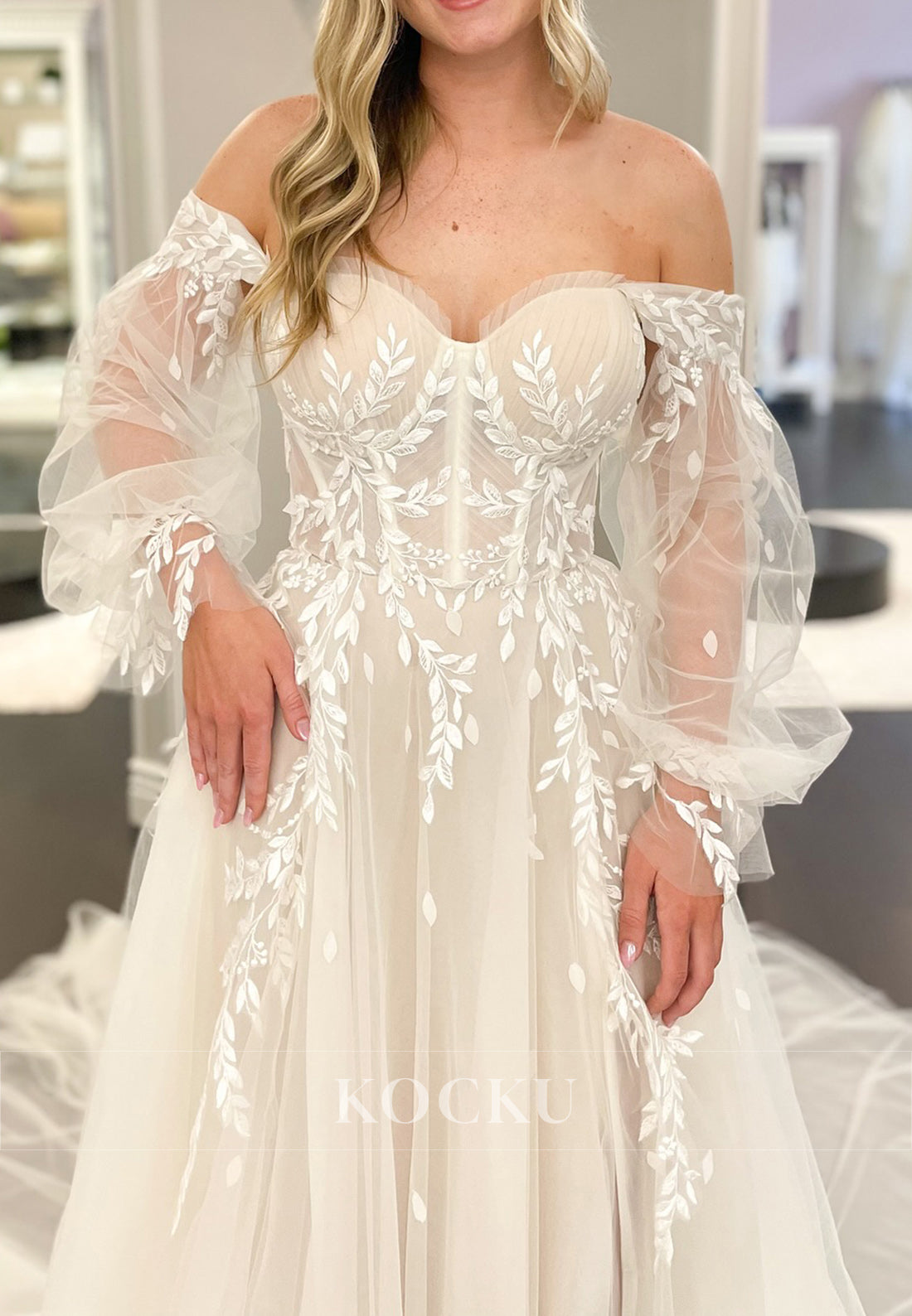 Off - Shoulder Tulle Wedding Dress with Sheer Puff Sleeves and Embroidery