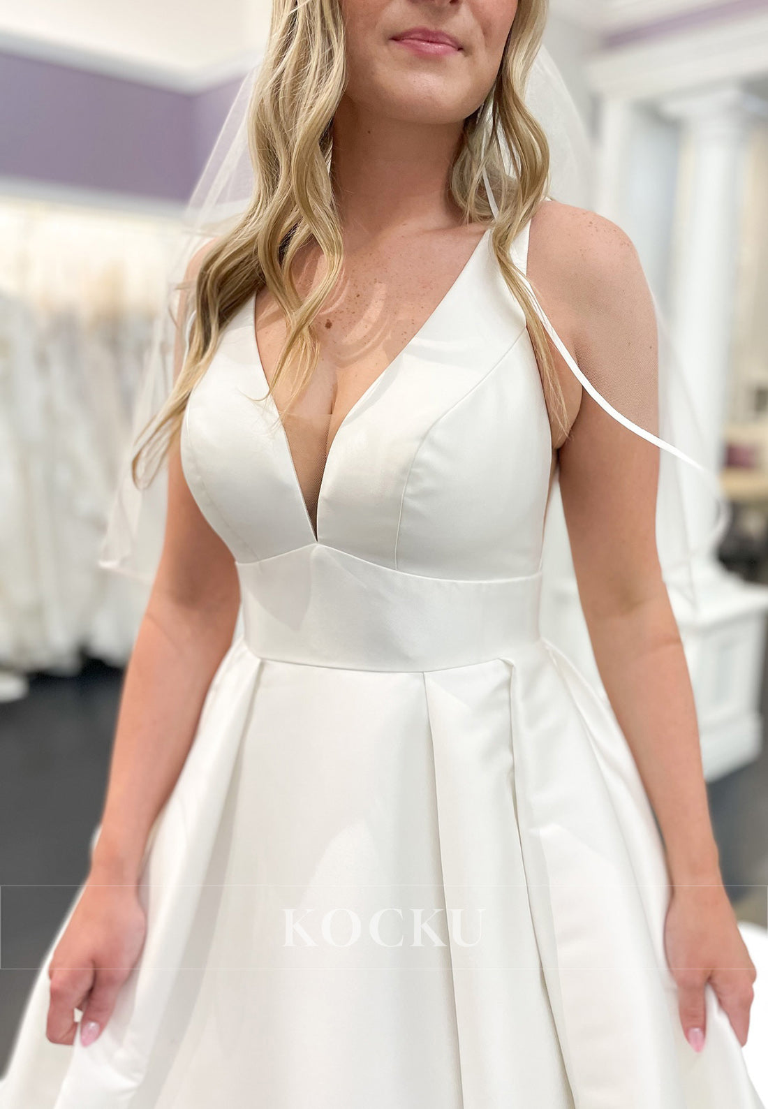 Plunge V - Neck Ball Gown Wedding Dress with Open Back and Train