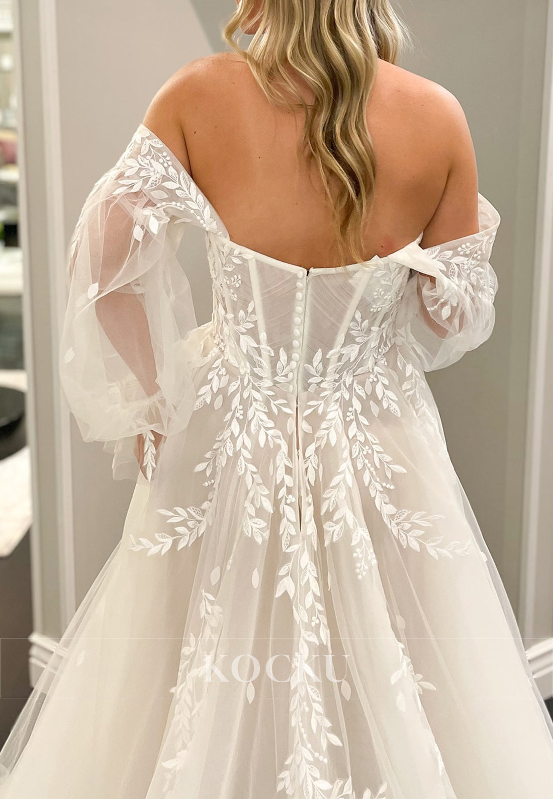 Off - Shoulder Tulle Wedding Dress with Sheer Puff Sleeves and Embroidery