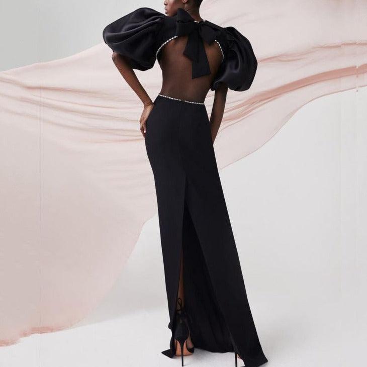 High Neck Puff Sleeve Cutout Waist Mermaid Gown