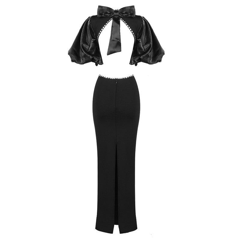High Neck Puff Sleeve Cutout Waist Mermaid Gown